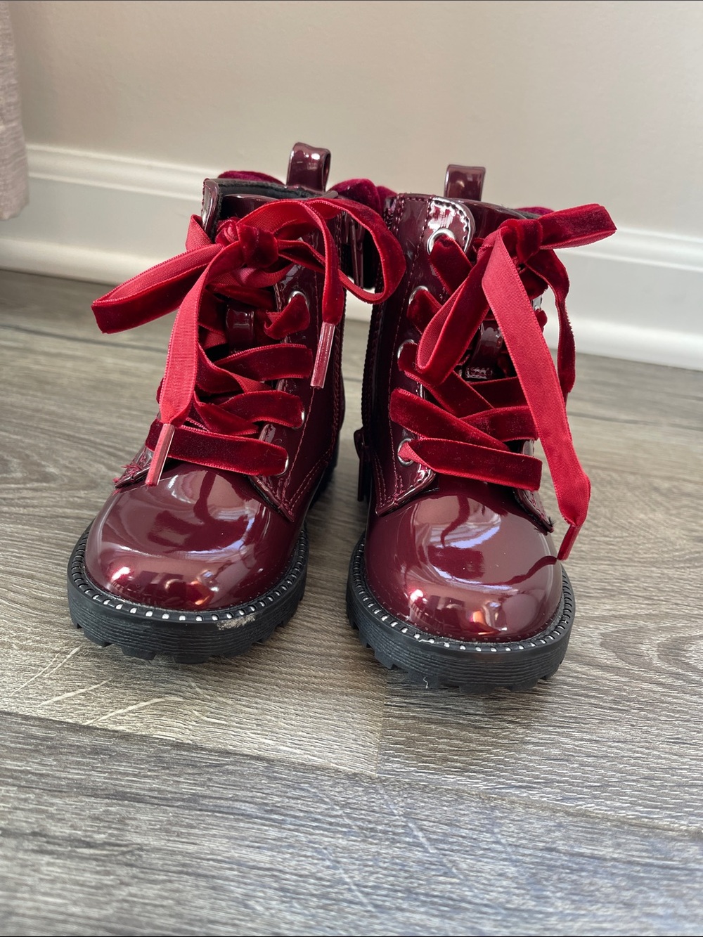 Self Esteem Girls' Red Patent Velvet-Lace Combat Boots